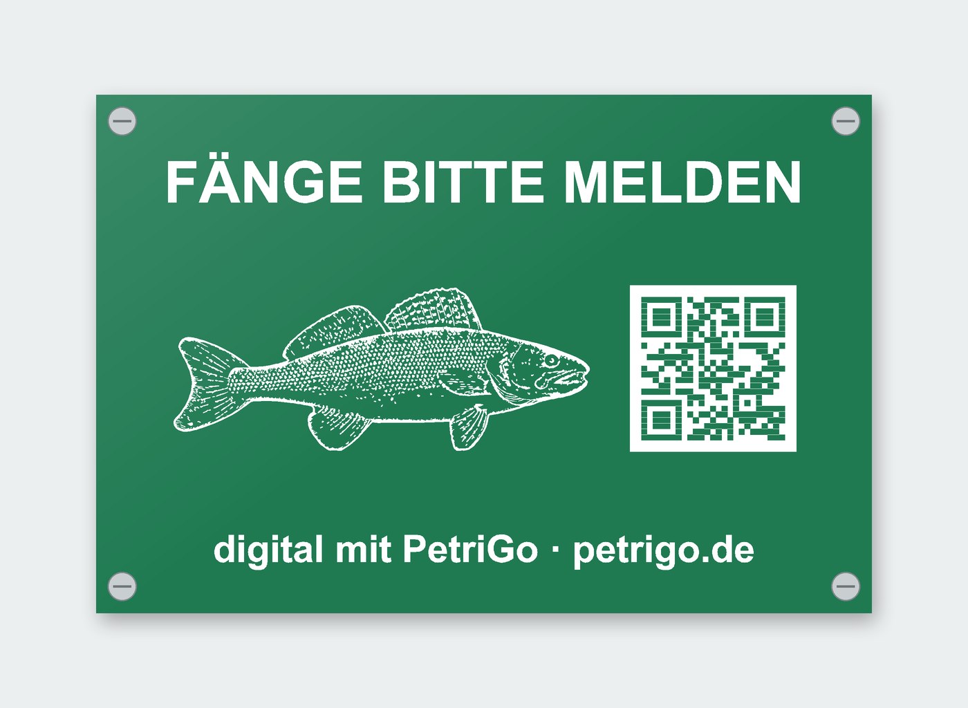 Schild „Fänge bitte melden – digital mit PetriGo“