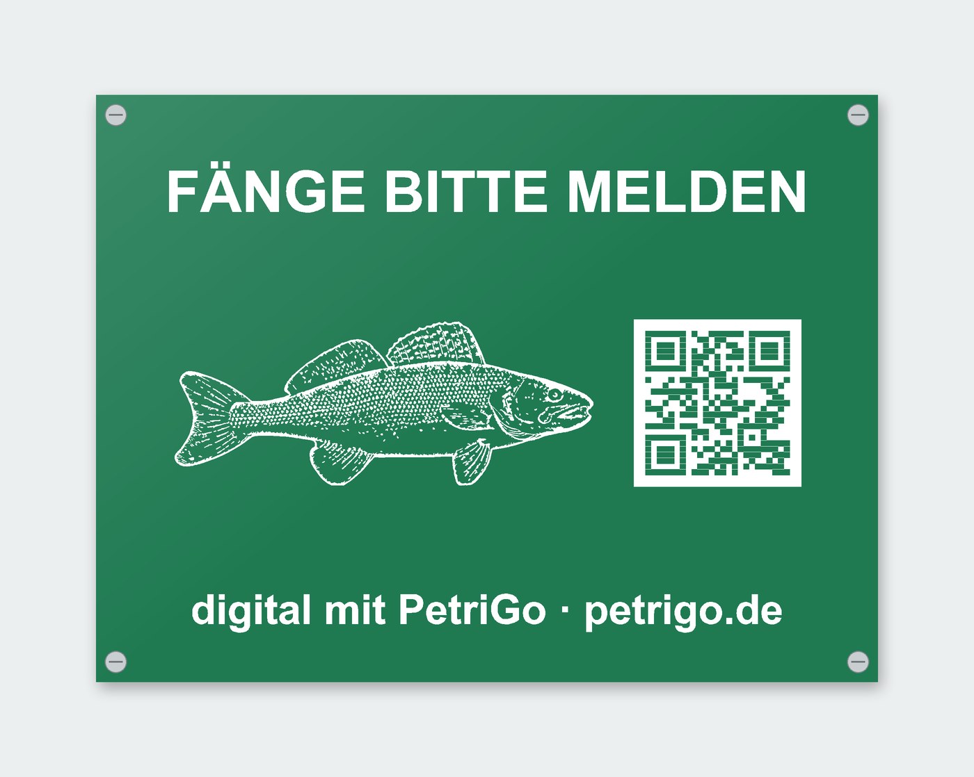 Schild „Fänge bitte melden – digital mit PetriGo“