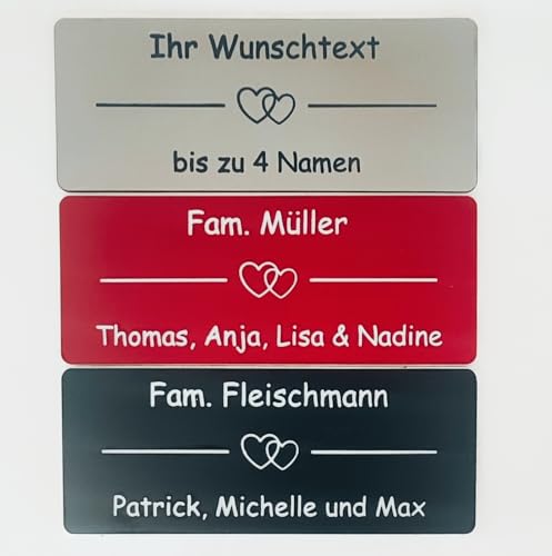 Klingelschild mit Strich und 2 Herzen und bis zu 4 Namen - selbstklebend - in verschiedenen Größen - MADE IN GERMANY -Briefkastenschild-Namensschild-Türschild-mit-Gravur- Motiv -wetterfest