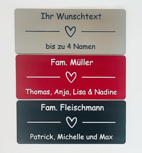 Klingelschild mit Strich und Herz und bis zu 4 Namen - selbstklebend - in verschiedenen Größen - MADE IN GERMANY -Briefkastenschild-Namensschild-Türschild-mit-Gravur- Motiv -wetterfest